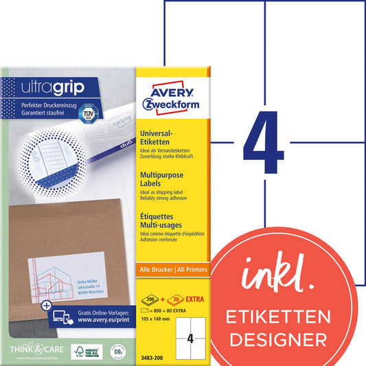 AVERY Zweckform Etiketten weiß 105,0 x 148,0 mm | 3483-200 | 1 Pack = 220 Blatt