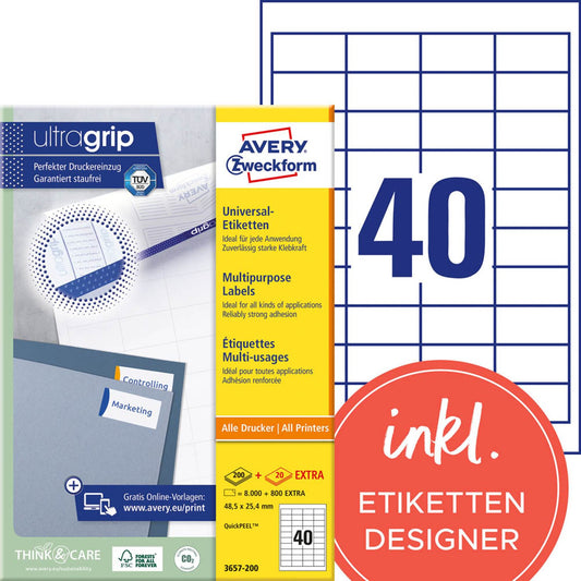 AVERY Zweckform Etiketten weiß 48,5 x 25,4 mm | 3657-200 | 1 Pack = 220 Blatt