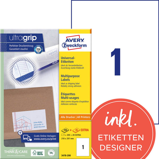 AVERY Zweckform Etiketten weiß 210,0 x 297,0 mm | 3478-200 | 1 Pack = 220 Blatt
