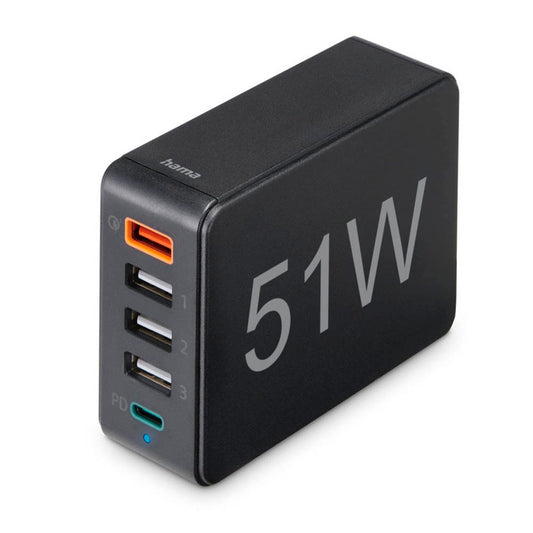 hama 5in1 USB-Ladestation schwarz, Kabellänge: 1,2 m, 51 Watt | 201630