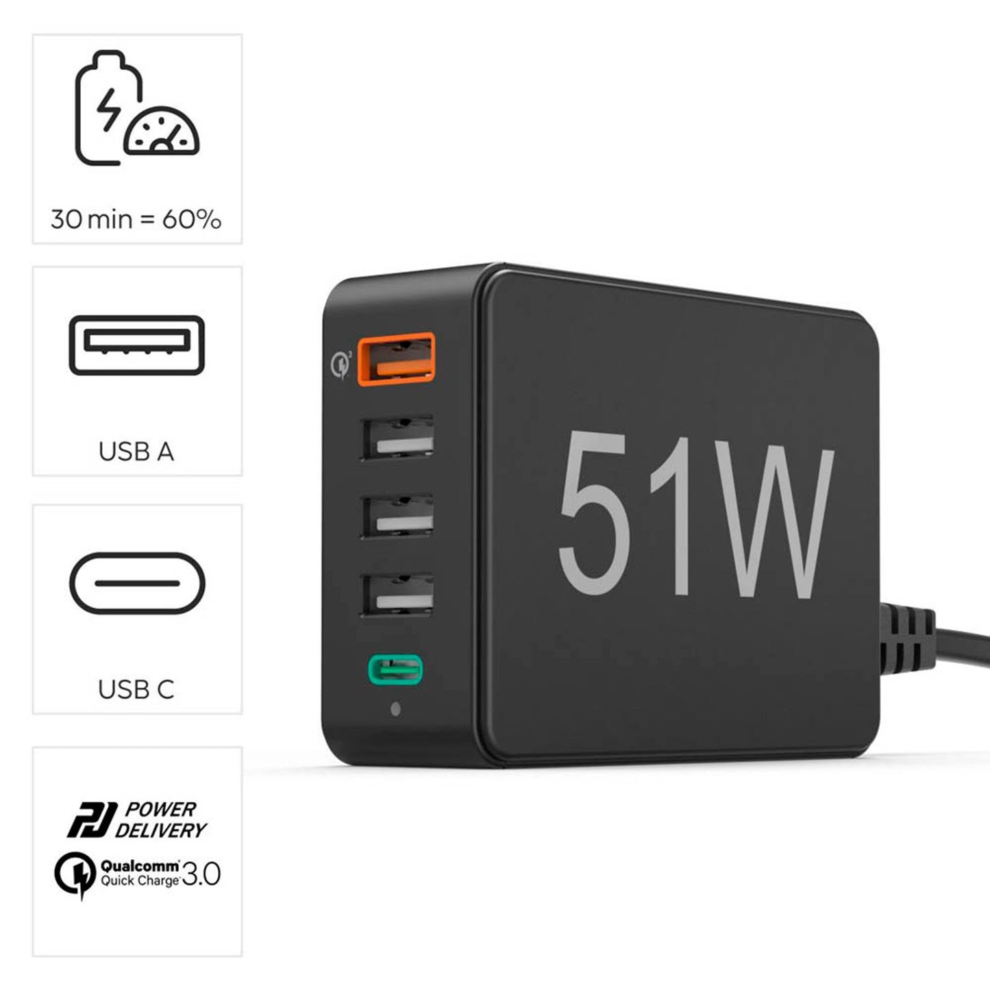 hama 5in1 USB-Ladestation schwarz, Kabellänge: 1,2 m, 51 Watt | 201630