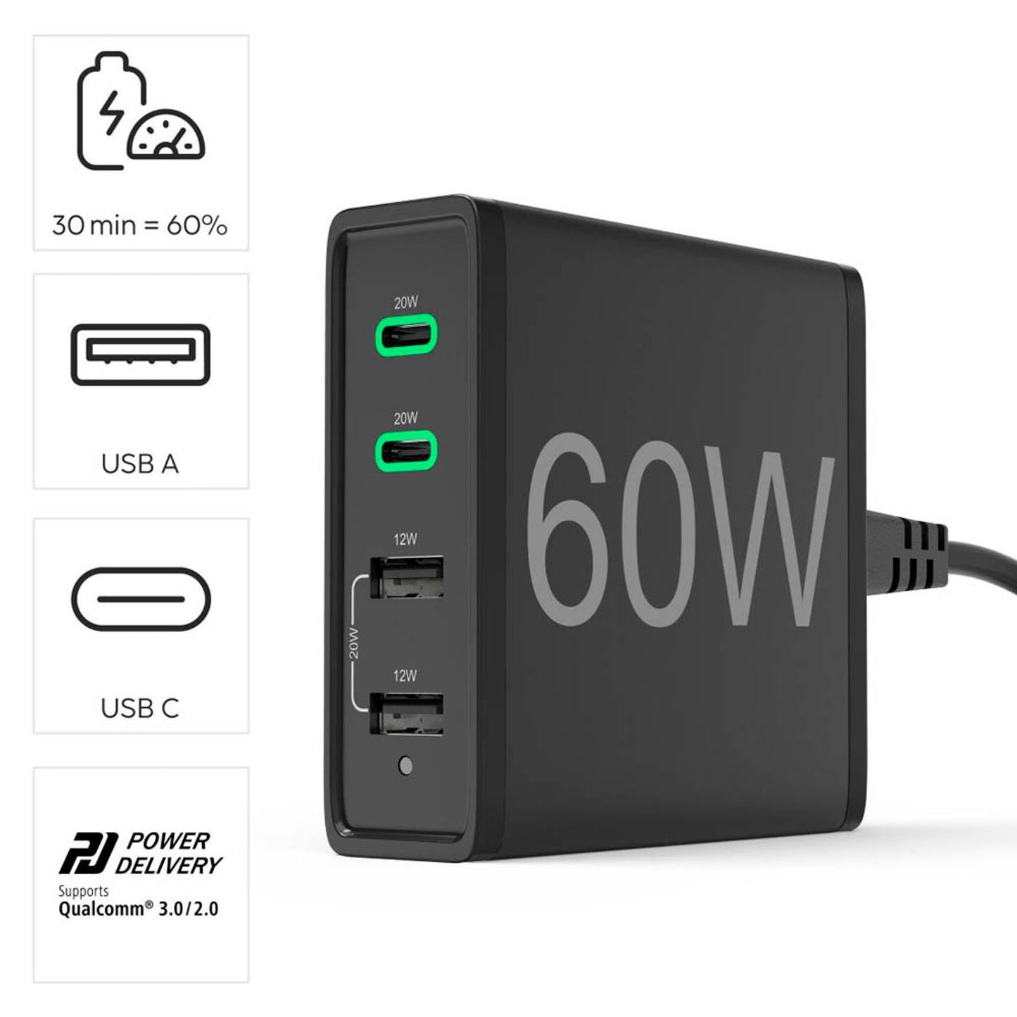 hama 4in1 USB-Ladestation schwarz, Kabellänge: 1,2 m, 60 Watt | 201628