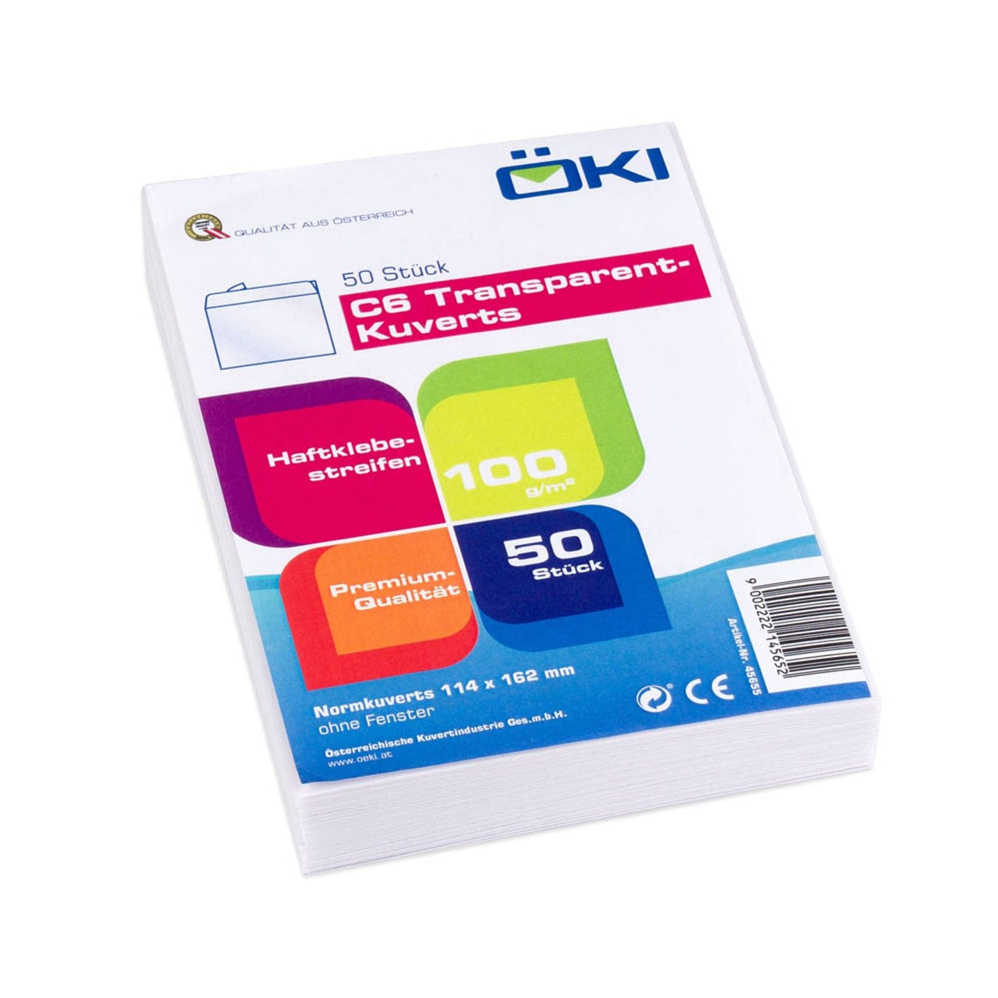 ÖKI Briefumschläge DIN C6 ohne Fenster transparent haftklebend | 45655 | 1 Pack = 50 St.