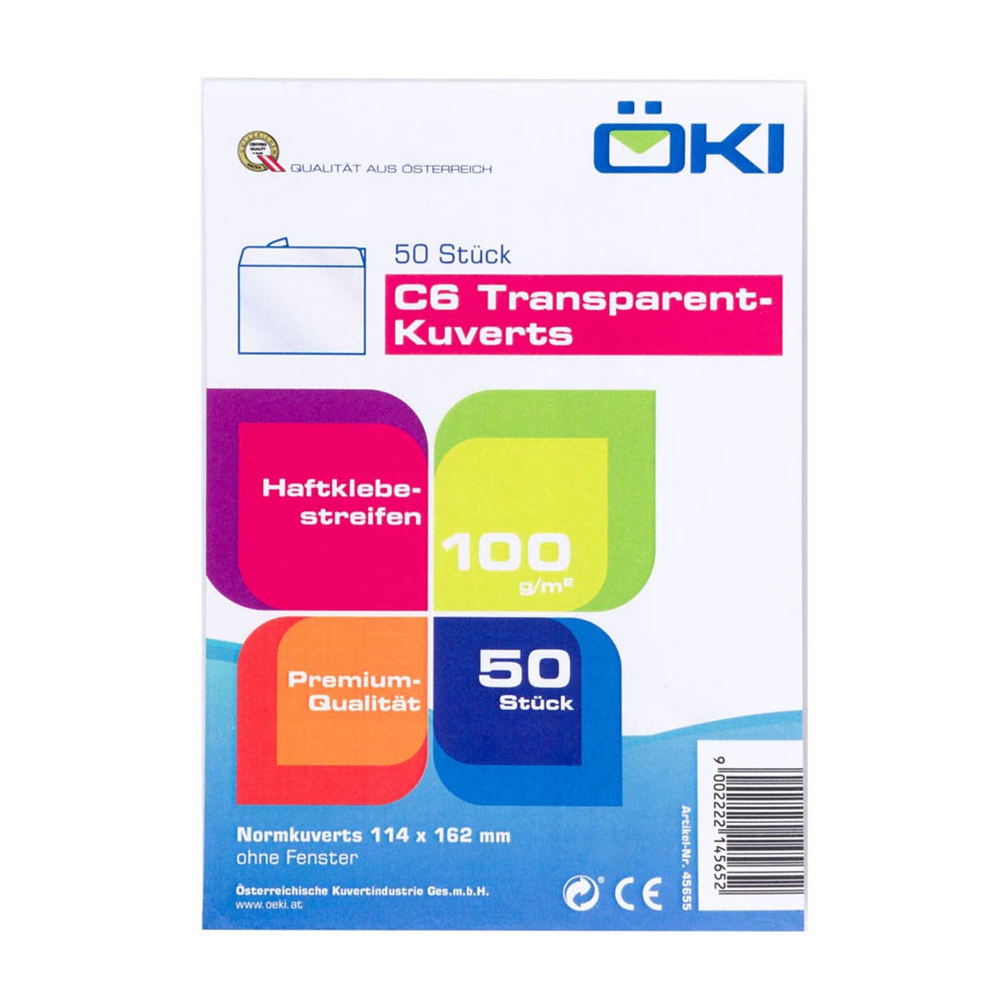 ÖKI Briefumschläge DIN C6 ohne Fenster transparent haftklebend | 45655 | 1 Pack = 50 St.