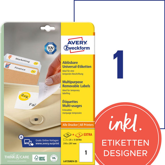 AVERY Zweckform Etiketten weiß 210,0 x 297,0 mm | L4735REV-25 | 1 Pack = 30 Blatt