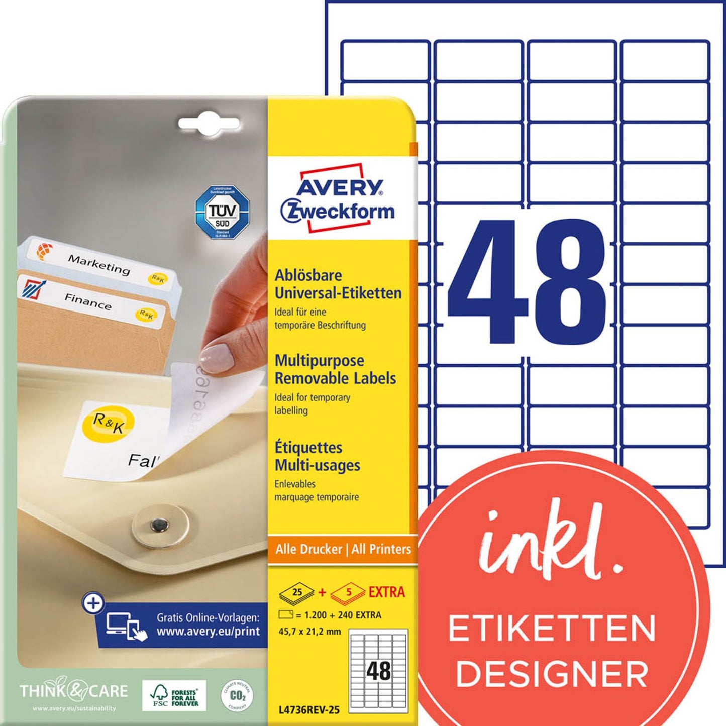 AVERY Zweckform Etiketten weiß 45,7 x 21,2 mm | L4736REV-25 | 1 Pack = 30 Blatt