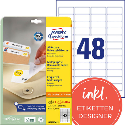 AVERY Zweckform Etiketten weiß 45,7 x 21,2 mm | L4736REV-25 | 1 Pack = 30 Blatt