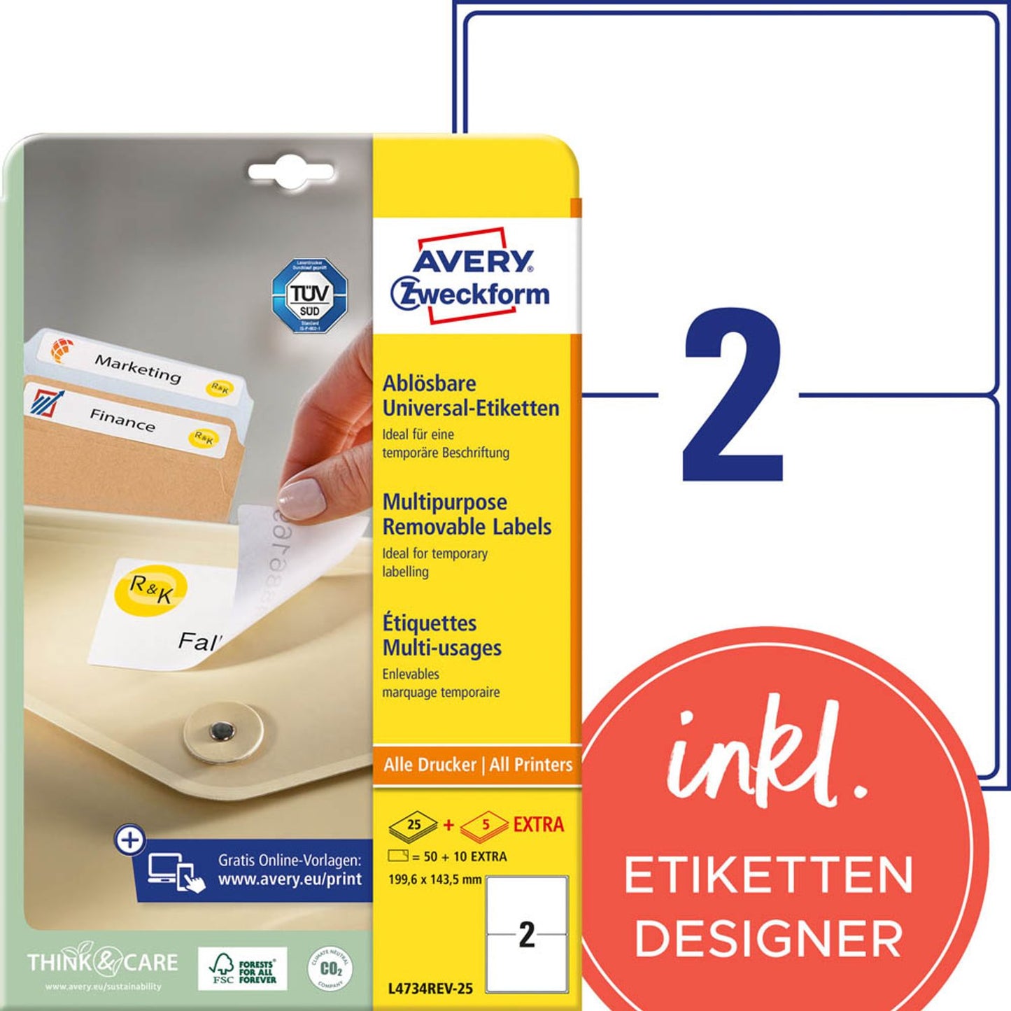 AVERY Zweckform Etiketten weiß 199,6 x 143,5 mm | L4734REV-25 | 1 Pack = 30 Blatt