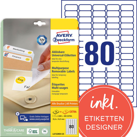 AVERY Zweckform Etiketten weiß 35,6 x 16,9 mm | L4732REV-25 | 1 Pack = 30 Blatt