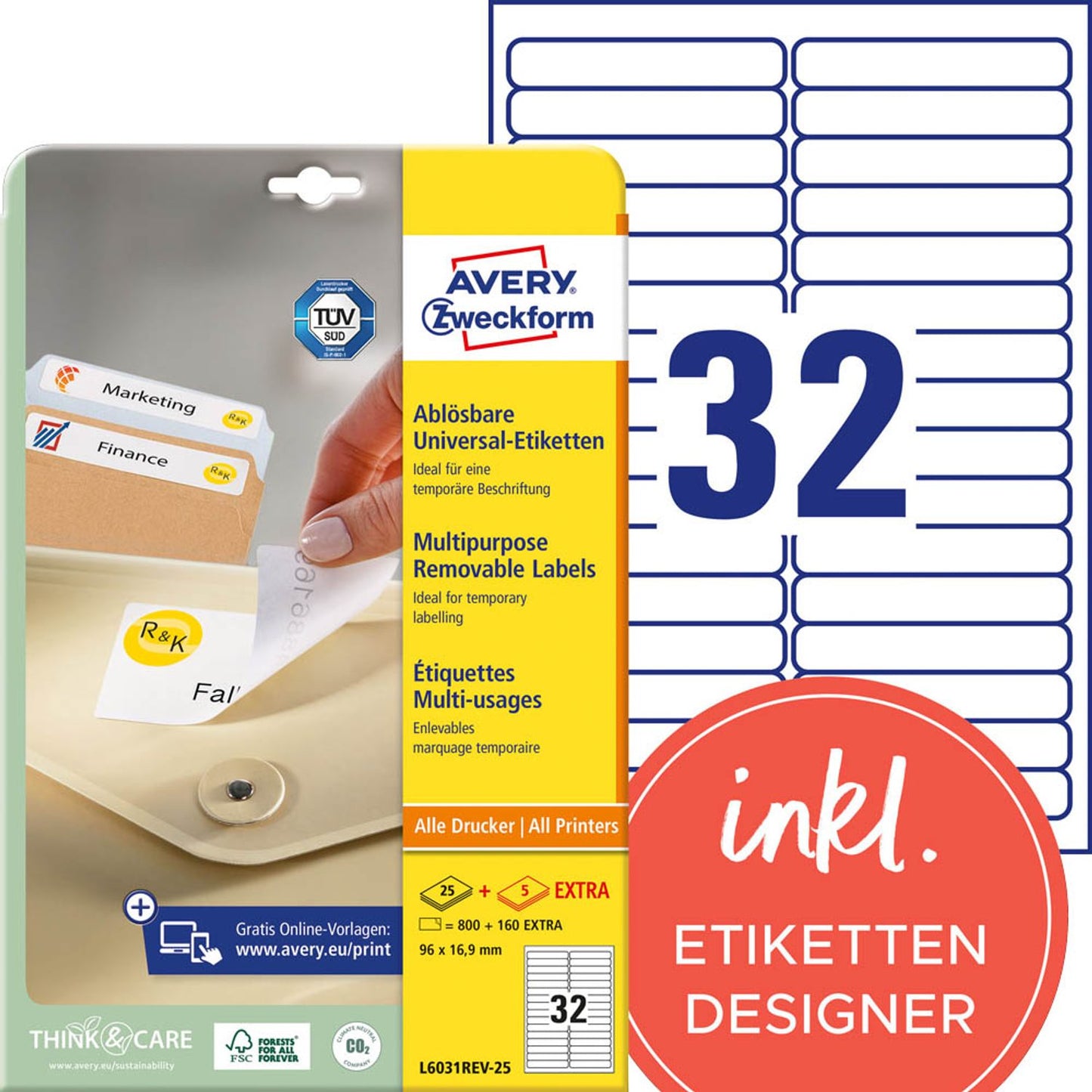 AVERY Zweckform Etiketten weiß 96,0 x 16,9 mm | L6031REV-25 | 1 Pack = 30 Blatt
