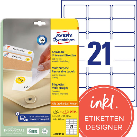 AVERY Zweckform Etiketten weiß 63,5 x 38,1 mm | L6023REV-25 | 1 Pack = 30 Blatt