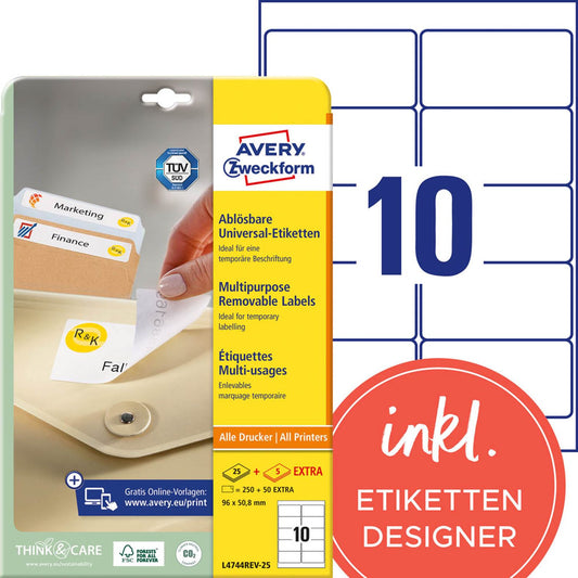 AVERY Zweckform Etiketten weiß 96,0 x 50,8 mm | L4744REV-25 | 1 Pack = 30 Blatt