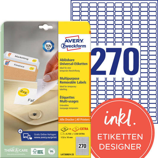 AVERY Zweckform Etiketten weiß 17,8 x 10,0 mm | L4730REV-25 | 1 Pack = 30 Blatt