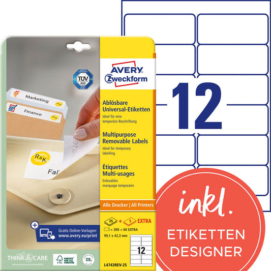 AVERY Zweckform Etiketten weiß 99,1 x 42,3 mm | L4743REV-25 | 1 Pack = 30 Blatt