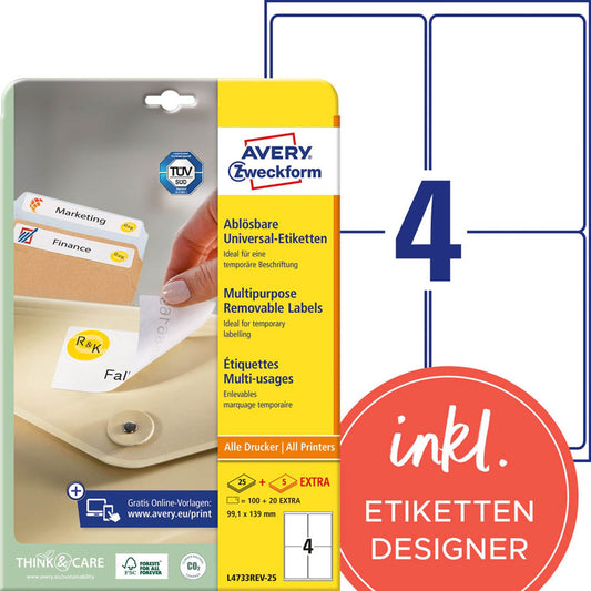 AVERY Zweckform Etiketten weiß 99,1 x 139,0 mm | L4733REV-25 | 1 Pack = 30 Blatt