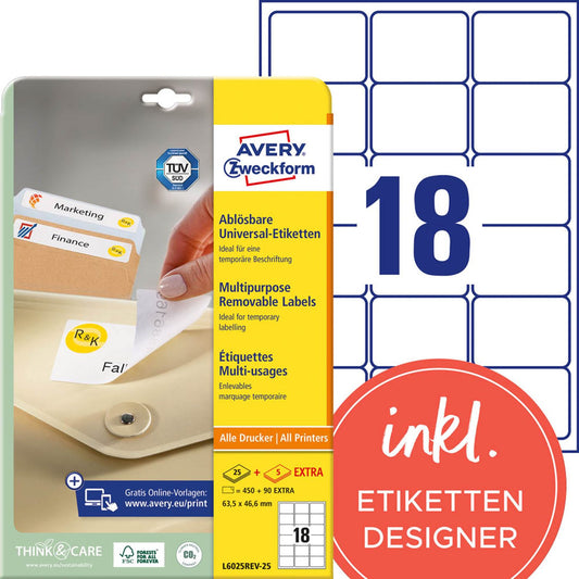 AVERY Zweckform Etiketten weiß 63,5 x 46,6 mm | L6025REV-25 | 1 Pack = 30 Blatt
