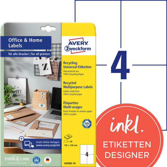 AVERY Zweckform Etiketten weiß 105,0 x 148,0 mm | LR3483-10 | 1 Pack = 10 Blatt