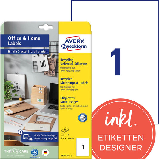 AVERY Zweckform Etiketten weiß 210,0 x 297,0 mm | LR3478-10 | 1 Pack = 10 Blatt