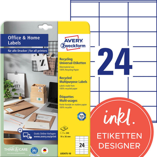 AVERY Zweckform Etiketten weiß 70,0 x 36,0 mm | LR3475-10 | 1 Pack = 10 Blatt