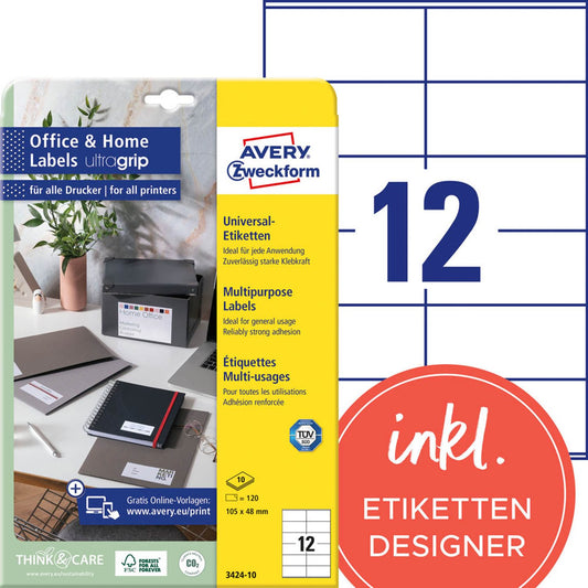 AVERY Zweckform Etiketten weiß 105,0 x 48,0 mm | 3424-10 | 1 Pack = 10 Blatt