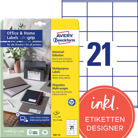 AVERY Zweckform Etiketten weiß 70,0 x 41,0 mm | 3481-10 | 1 Pack = 10 Blatt
