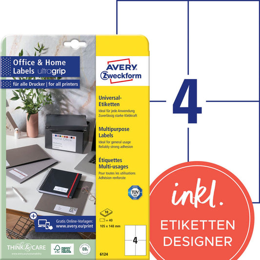 AVERY Zweckform Etiketten weiß 105,0 x 148,0 mm | 6124 | 1 Pack = 10 Blatt