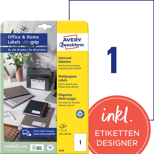AVERY Zweckform Etiketten weiß 210,0 x 297,0 mm | 6125 | 1 Pack = 10 Blatt
