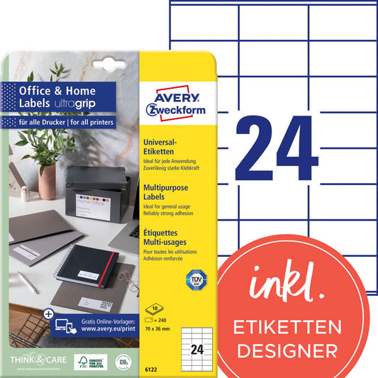 AVERY Zweckform Etiketten weiß 70,0 x 36,0 mm | 6122 | 1 Pack = 10 Blatt