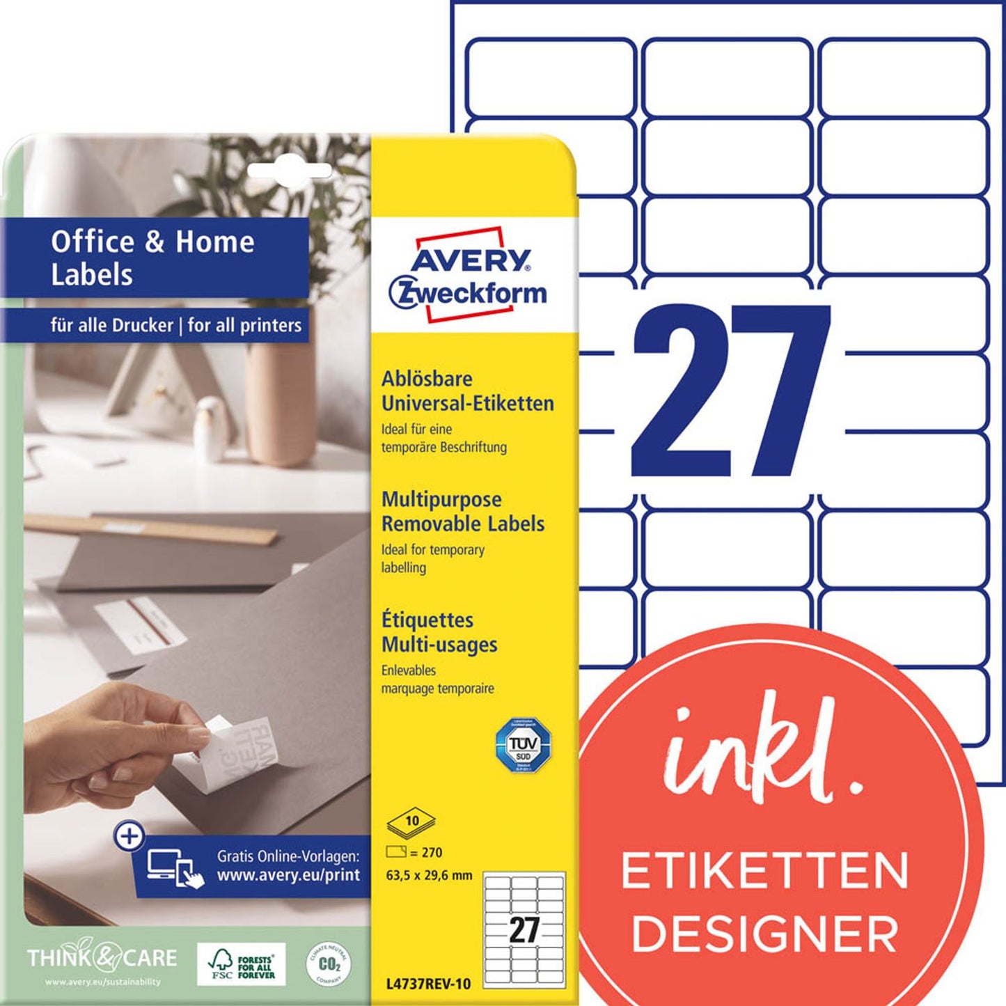 AVERY Zweckform Etiketten weiß 63,5 x 29,6 mm | L4737REV-10 | 1 Pack = 10 Blatt