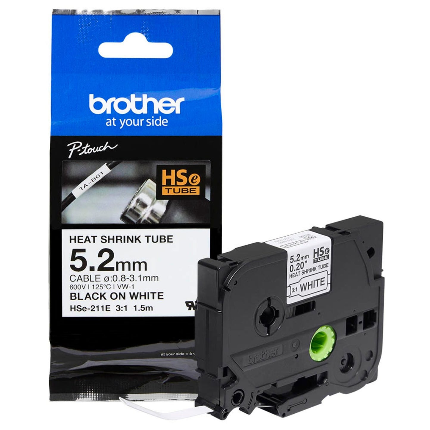 brother Schrumpfschlauch HSe-211E , 5,2 mm schwarz auf weiß | HSE211E