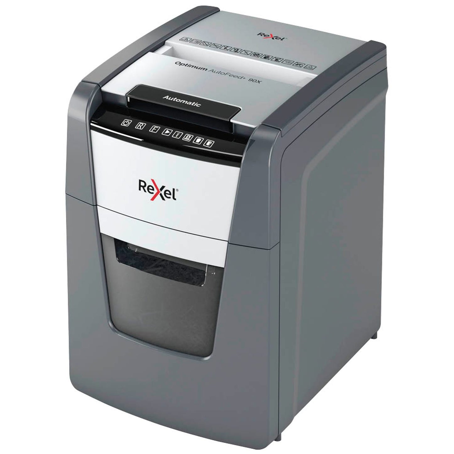 Rexel Optimum AutoFeed+ 90X Aktenvernichter mit Partikelschnitt P-4, 4 x 28 mm, bis , schwarz | 2020090,00 XEU