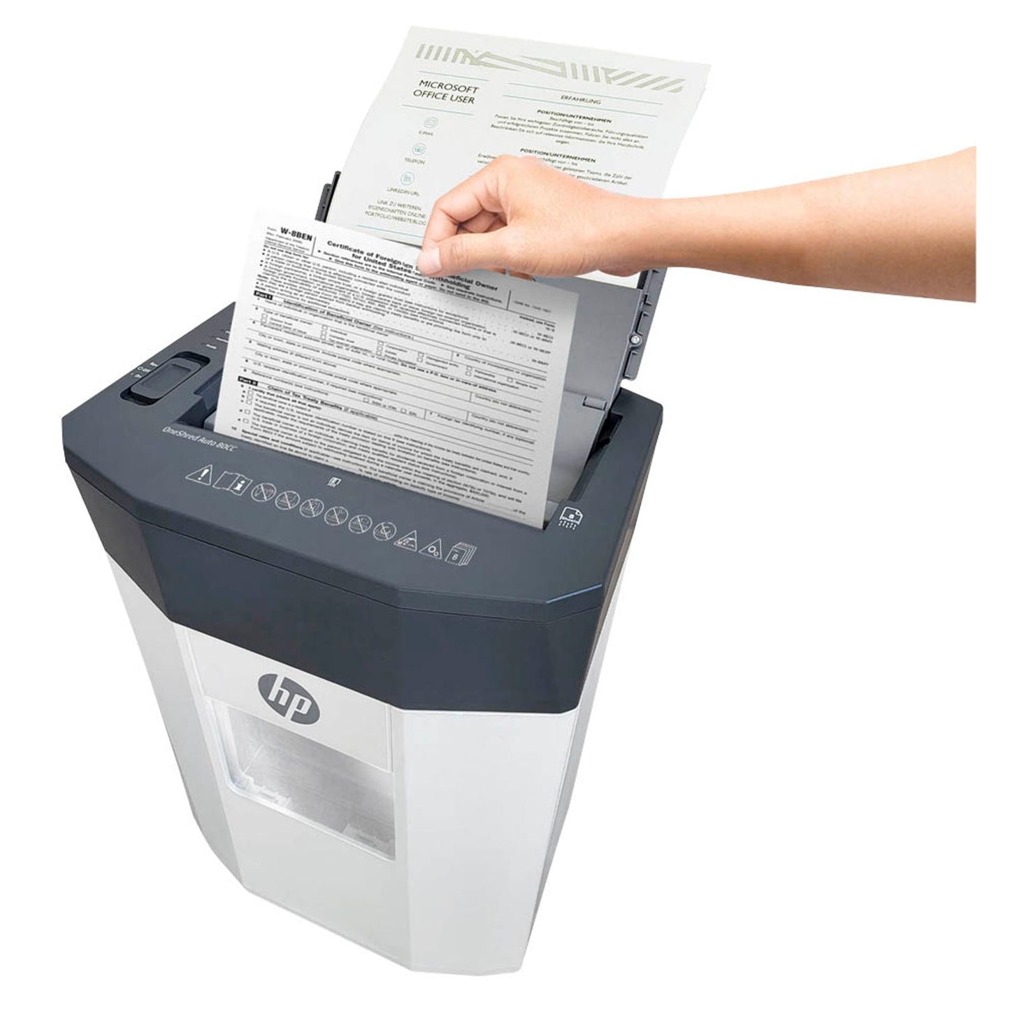 HP OneShred Auto 80CC Aktenvernichter mit Partikelschnitt P-4, 4,3 x 12 mm, bis , weiß | 2817
