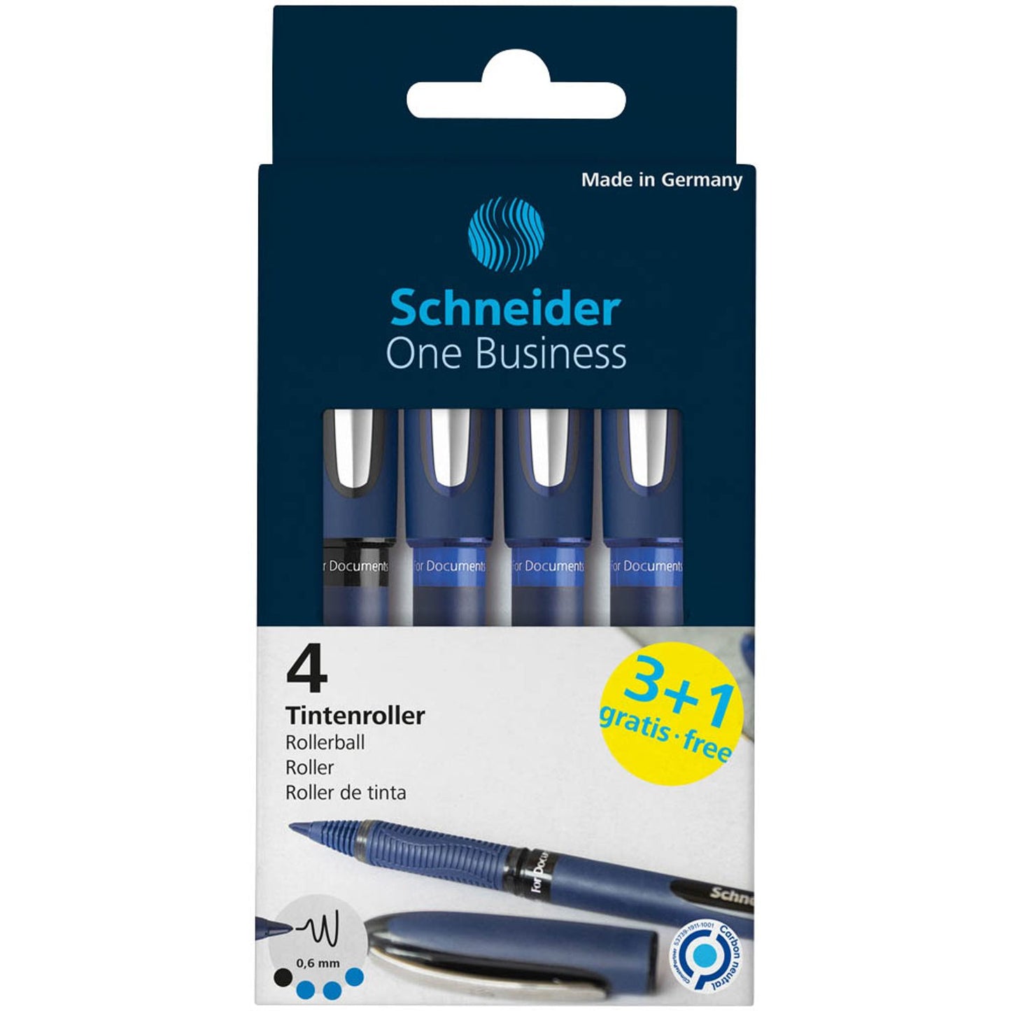 Schneider One Business Tintenroller 0,6 mm, Schreibfarbe: blau | 183084 | 1 Pack = 4 St.