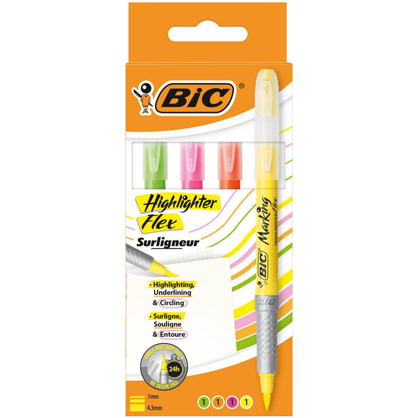 BIC Highlighter Flex Textmarker farbsortiert | 950470 | 1 Pack = 4 St.