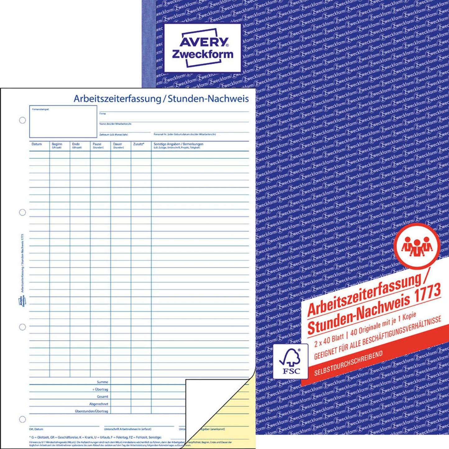 AVERY Zweckform Arbeitszeiterfassung/Stunden-Nachweis Formularbuch | 1773