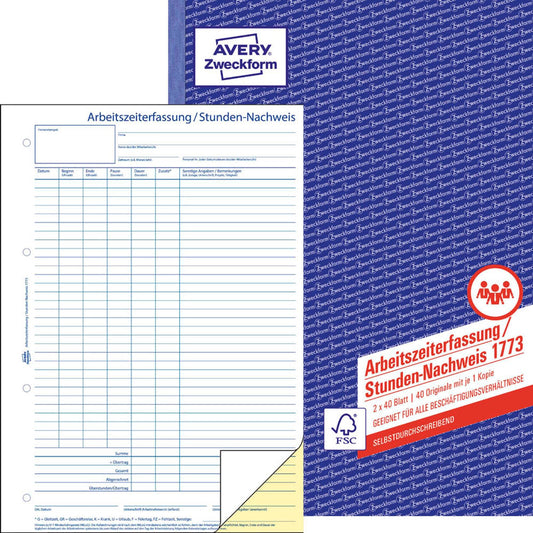 AVERY Zweckform Arbeitszeiterfassung/Stunden-Nachweis Formularbuch | 1773