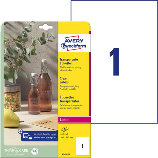 AVERY Zweckform Folienetiketten transparent 210,0 x 297,0 mm | L7784-25 | 1 Pack = 25 Blatt