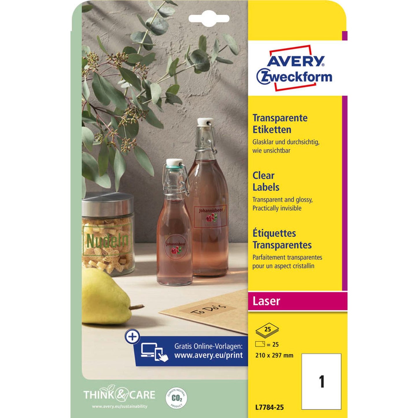 AVERY Zweckform Folienetiketten transparent 210,0 x 297,0 mm | L7784-25 | 1 Pack = 25 Blatt
