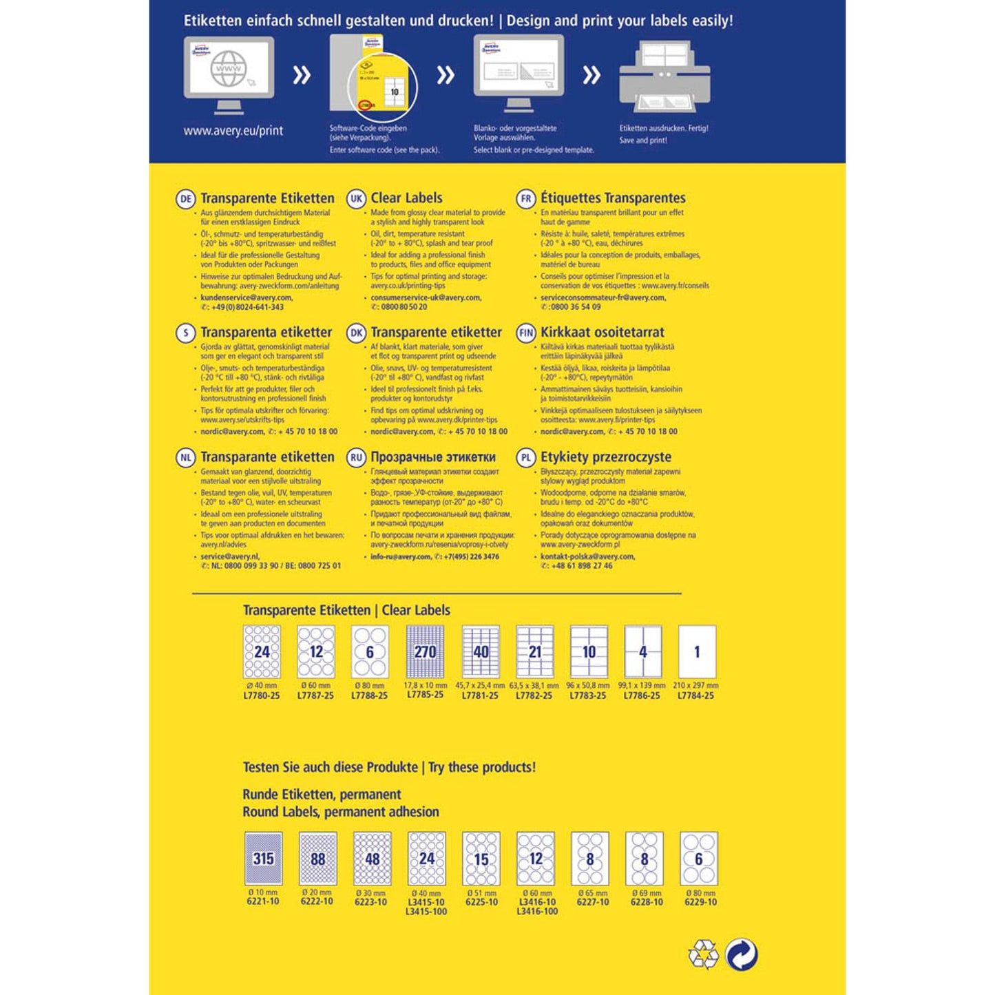 AVERY Zweckform Folienetiketten transparent 210,0 x 297,0 mm | L7784-25 | 1 Pack = 25 Blatt