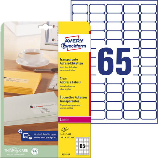 AVERY Zweckform Etiketten weiß 38,1 x 21,2 mm | L7551-25 | 1 Pack = 25 Blatt