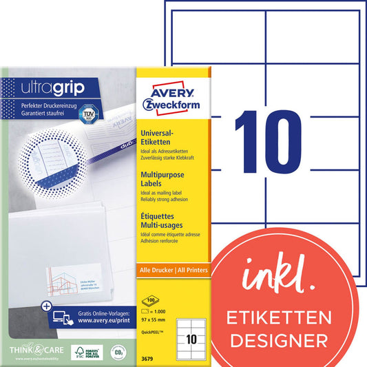 AVERY Zweckform Etiketten weiß 97,0 x 55,0 mm | 3679 | 1 Pack = 100 Blatt