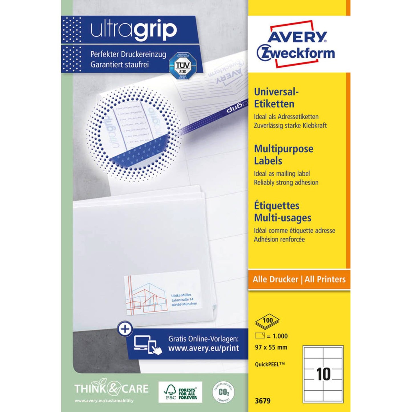 AVERY Zweckform Etiketten weiß 97,0 x 55,0 mm | 3679 | 1 Pack = 100 Blatt