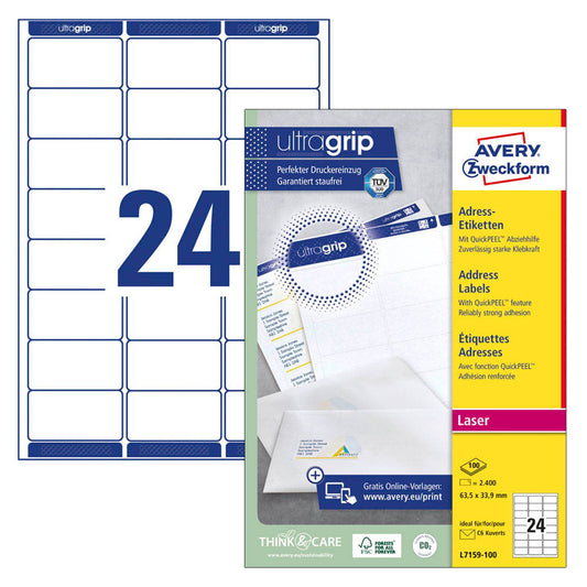 AVERY Zweckform Etiketten weiß 63,5 x 33,9 mm | L7159-100 | 1 Pack = 100 Blatt