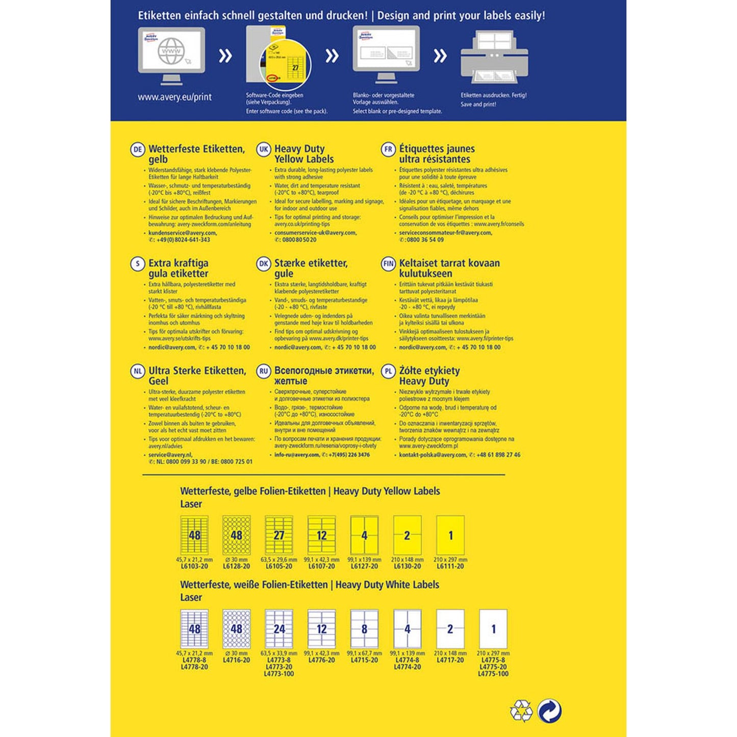 AVERY Zweckform wetterfeste Folienetiketten gelb 99,1 x 139,0 mm | L6127-20 | 1 Pack = 20 Blatt