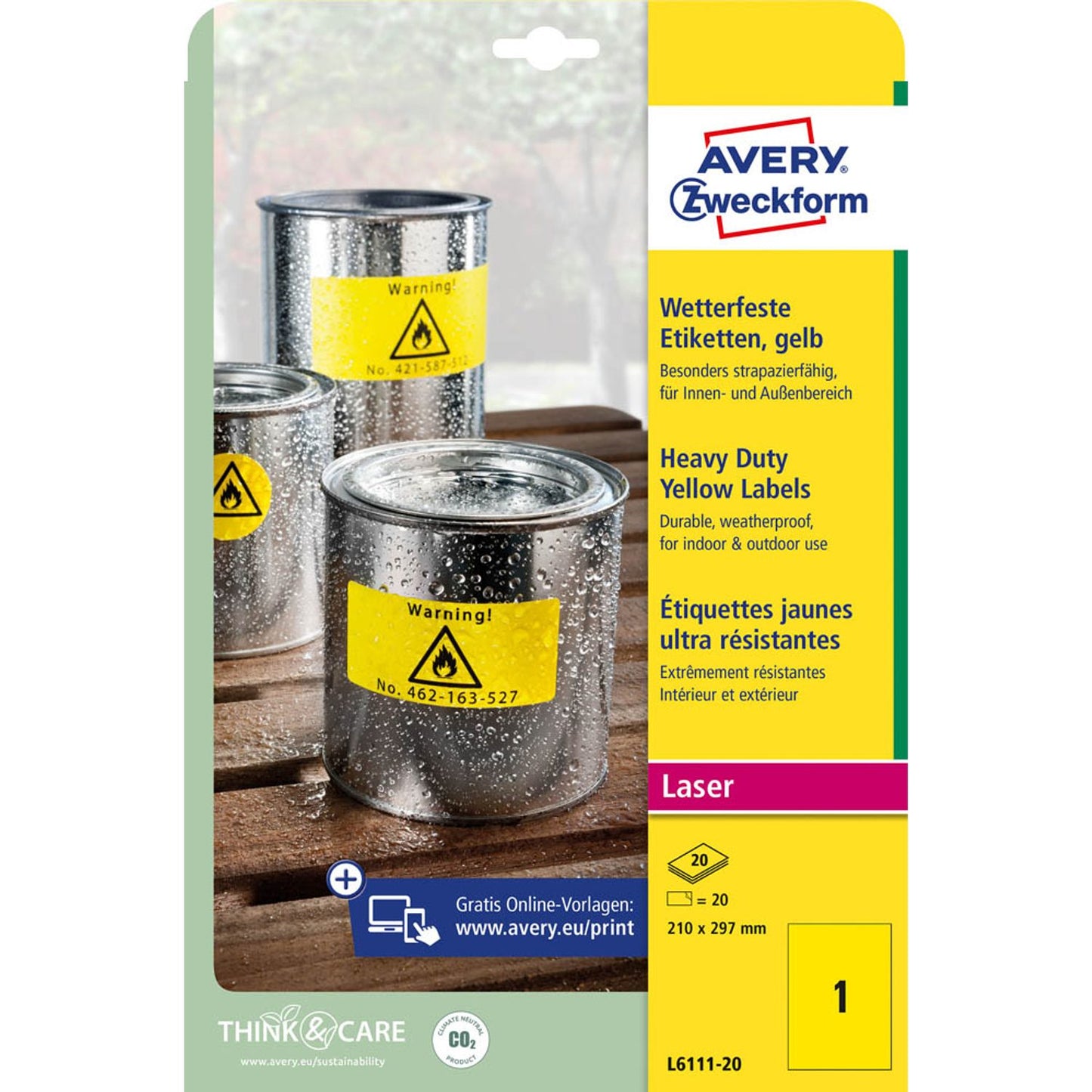 AVERY Zweckform wetterfeste Folienetiketten gelb 210,0 x 297,0 mm | L6111-20 | 1 Pack = 20 Blatt