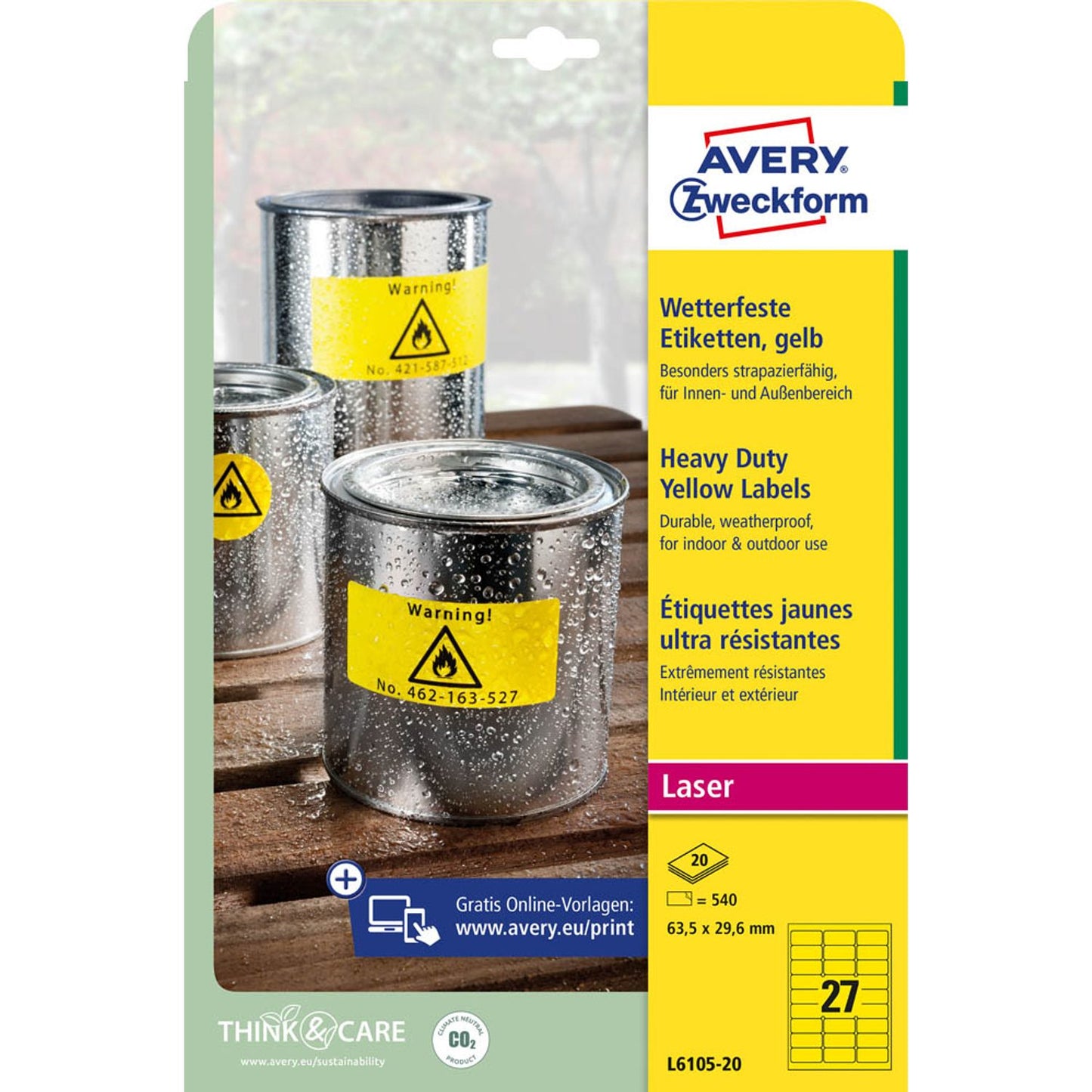 AVERY Zweckform wetterfeste Folienetiketten gelb 63,5 x 29,6 mm | L6105-20 | 1 Pack = 20 Blatt