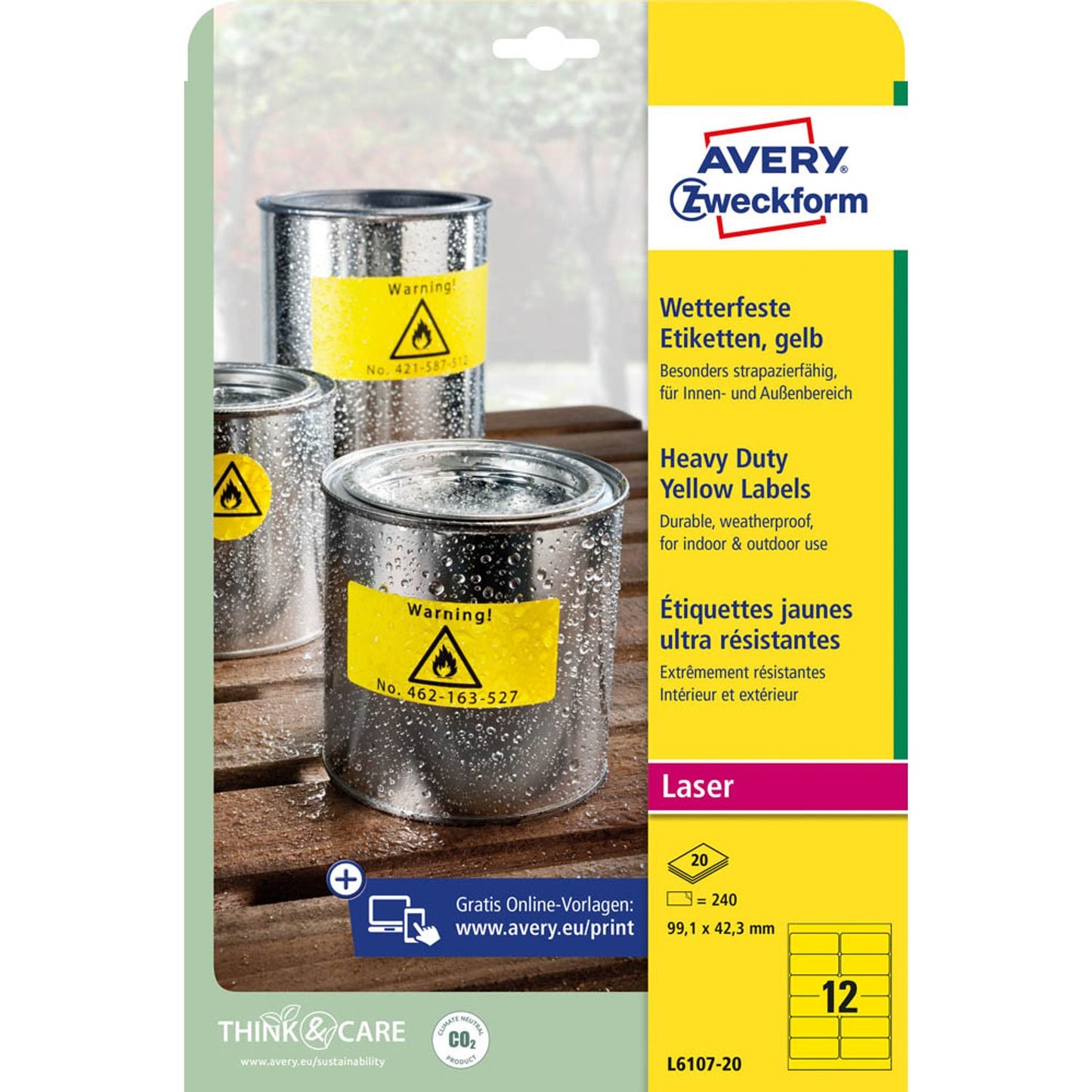 AVERY Zweckform wetterfeste Folienetiketten gelb 99,1 x 42,3 mm | L6107-20 | 1 Pack = 20 Blatt