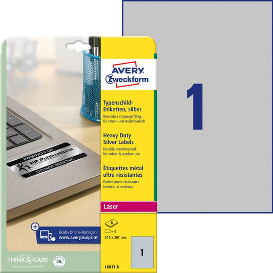 AVERY Zweckform Typenschildetiketten silber 210,0 x 297,0 mm | L6013-8 | 1 Pack = 8 Blatt
