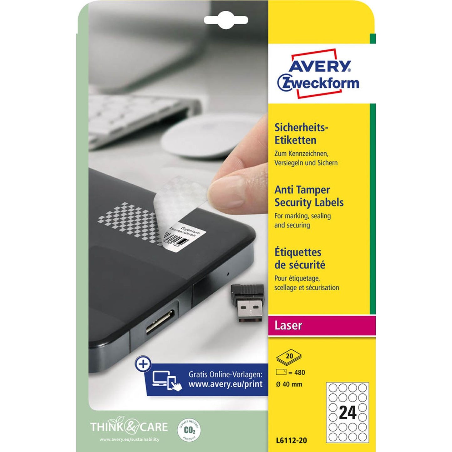 AVERY Zweckform Sicherheitsetiketten weiß 40,0 x 40,0 mm | L6112-20 | 1 Pack = 20 Blatt
