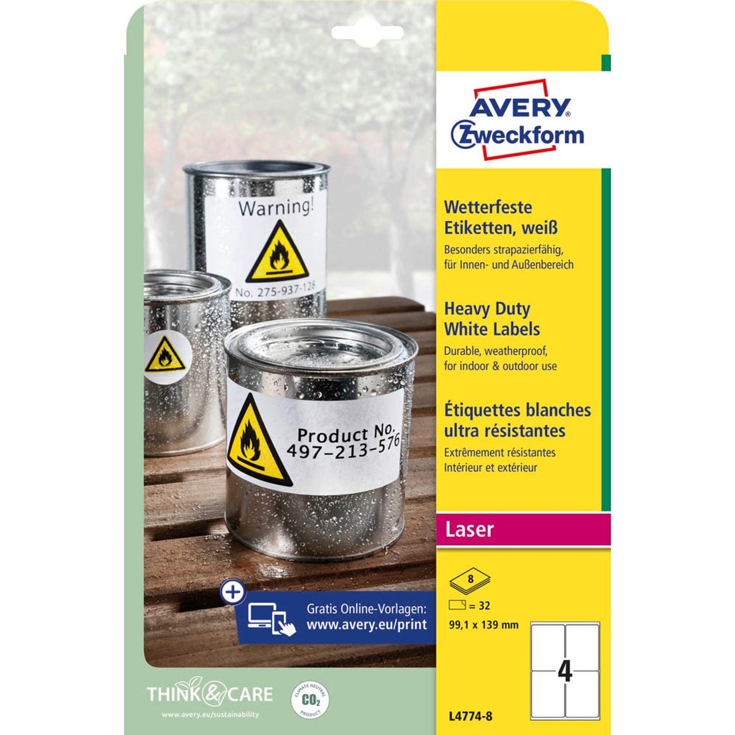 AVERY Zweckform wetterfeste Folienetiketten weiß 99,1 x 139,0 mm | L4774-8 | 1 Pack = 8 Blatt